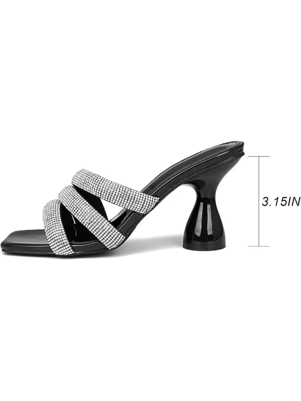 Women's Black Rhinestone Square Toe Backless 3.15 IN Chunky High Heel Sandals